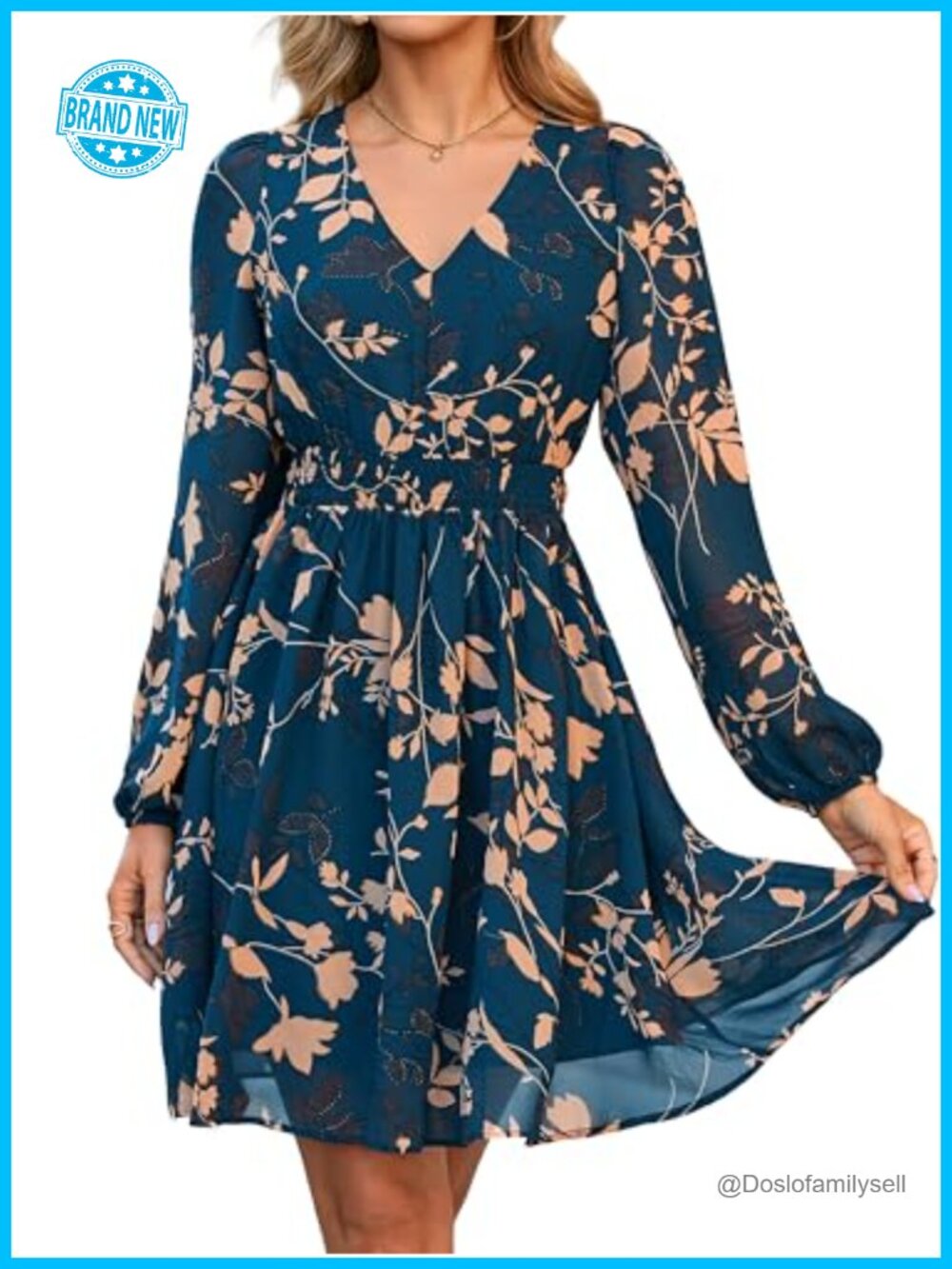 Women's Floral Chiffon Mini Dress Long Sleeve V Neck A-Line Casual